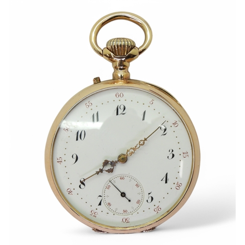 2851 - A FRENCH OPEN FACE POCKET WATCHthe case in bright yellow metal with indistinct marks, the dust cover... 