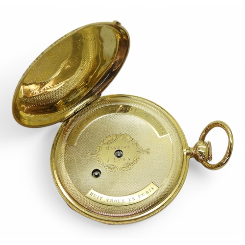 2852 - A FRENCH QUARTER REPEATERmade by Hanriot of Lyon. The yellow metal case stamped with a horses head m... 