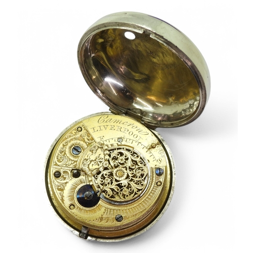 2855 - A SILVER PAIR CASEthe movement signed Cameron Liverpool, the balance wheel cover pierced and engrave... 