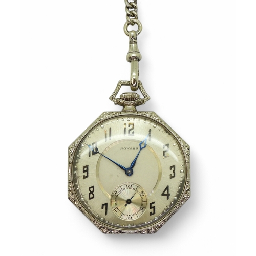 2882 - AN UNUSUAL WHITE GOLD WATCH & CHAINthe slim line Howard open face fob watch is made in 14k white... 