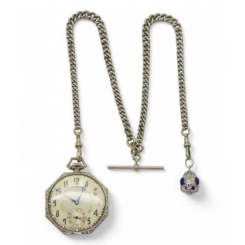 2882 - AN UNUSUAL WHITE GOLD WATCH & CHAINthe slim line Howard open face fob watch is made in 14k white... 