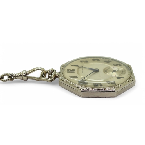 2882 - AN UNUSUAL WHITE GOLD WATCH & CHAINthe slim line Howard open face fob watch is made in 14k white... 