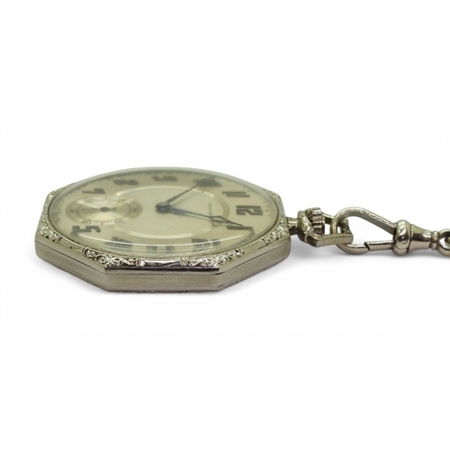 2882 - AN UNUSUAL WHITE GOLD WATCH & CHAINthe slim line Howard open face fob watch is made in 14k white... 