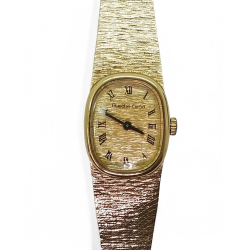 2887 - A LADIES BUECHE - GIRODin 9ct gold with integral bark textured strap, hallmarked London 1974. Gold b... 