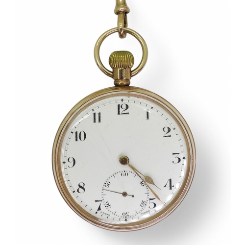 2897 - A 9CT POCKET WATCH AND CHAINthe open face pocket watch, has a classic white enamel dial with black A... 