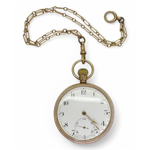 2897 - A 9CT POCKET WATCH AND CHAINthe open face pocket watch, has a classic white enamel dial with black A... 