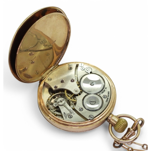 2897 - A 9CT POCKET WATCH AND CHAINthe open face pocket watch, has a classic white enamel dial with black A... 