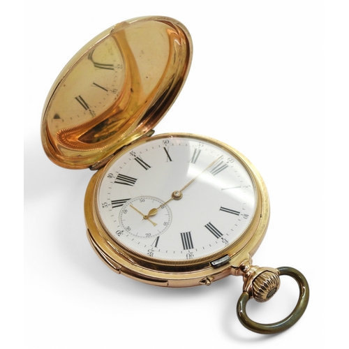 2836 - A 1/4 REPEATER POCKET WATCHthe full hunter case stamped with French eagles head marks and 18k, the i... 