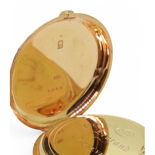 2836 - A 1/4 REPEATER POCKET WATCHthe full hunter case stamped with French eagles head marks and 18k, the i... 