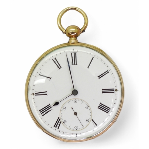 2838 - A SWISS YELLOW METAL POCKET WATCHwith open face, classic white enamelled dial with black Roman numer... 