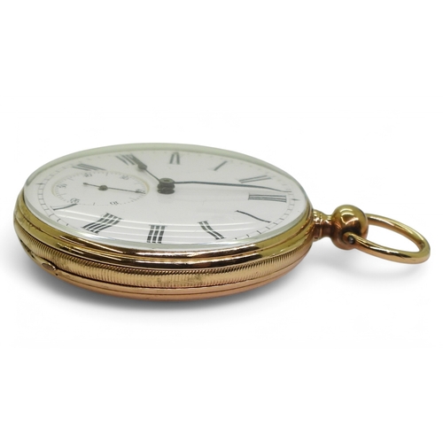 2838 - A SWISS YELLOW METAL POCKET WATCHwith open face, classic white enamelled dial with black Roman numer... 