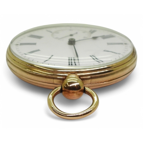 2838 - A SWISS YELLOW METAL POCKET WATCHwith open face, classic white enamelled dial with black Roman numer... 