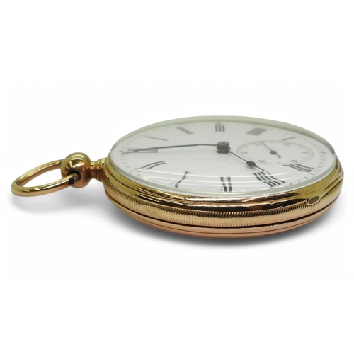 2838 - A SWISS YELLOW METAL POCKET WATCHwith open face, classic white enamelled dial with black Roman numer... 