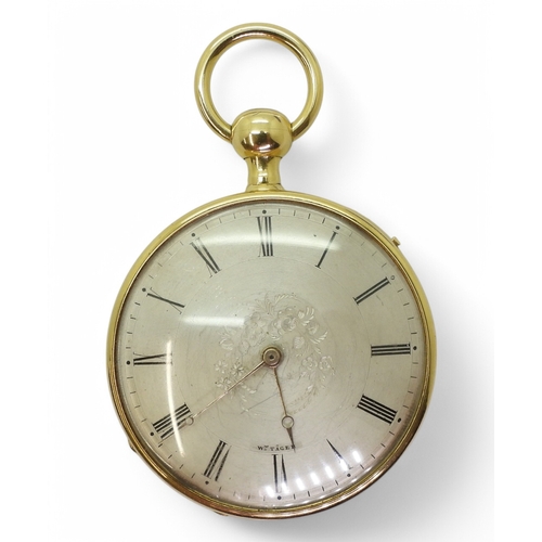 2839 - A GERMAN OPEN FACE POCKET WATCHwith quarter repeater mechanism. The case in bright yellow metal, wit... 