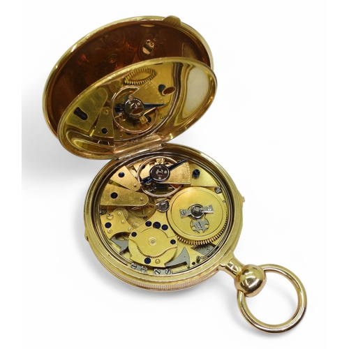 2839 - A GERMAN OPEN FACE POCKET WATCHwith quarter repeater mechanism. The case in bright yellow metal, wit... 