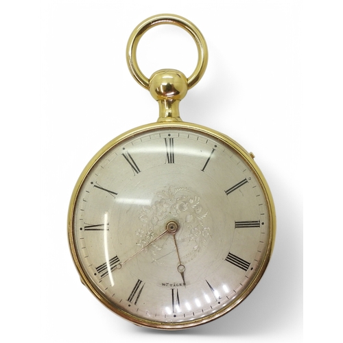 2839 - A GERMAN OPEN FACE POCKET WATCHwith quarter repeater mechanism. The case in bright yellow metal, wit... 