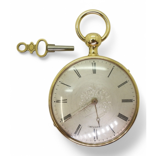 2839 - A GERMAN OPEN FACE POCKET WATCHwith quarter repeater mechanism. The case in bright yellow metal, wit... 