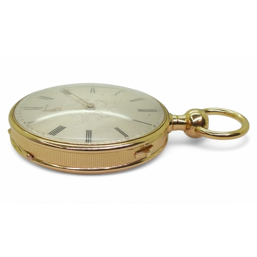 2839 - A GERMAN OPEN FACE POCKET WATCHwith quarter repeater mechanism. The case in bright yellow metal, wit... 