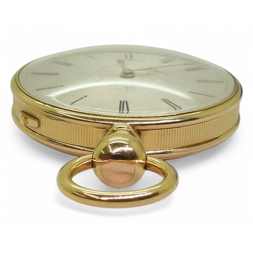 2839 - A GERMAN OPEN FACE POCKET WATCHwith quarter repeater mechanism. The case in bright yellow metal, wit... 