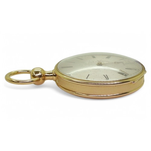 2839 - A GERMAN OPEN FACE POCKET WATCHwith quarter repeater mechanism. The case in bright yellow metal, wit... 