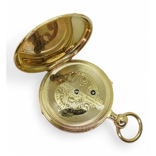 2839 - A GERMAN OPEN FACE POCKET WATCHwith quarter repeater mechanism. The case in bright yellow metal, wit... 