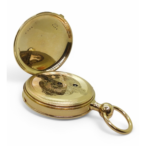 2839 - A GERMAN OPEN FACE POCKET WATCHwith quarter repeater mechanism. The case in bright yellow metal, wit... 