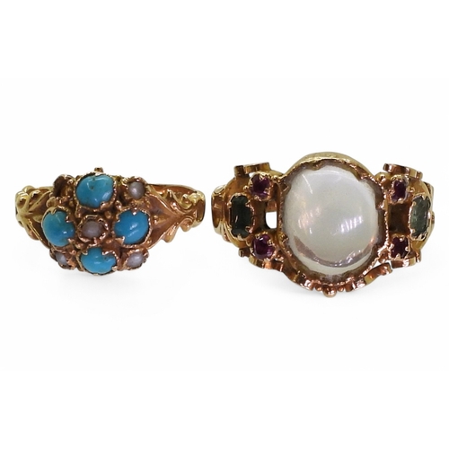 2792 - TWO VICTORIAN RINGSa 15ct gold turquoise and pearl ring, with partial Birmingham hallmarks (date let... 