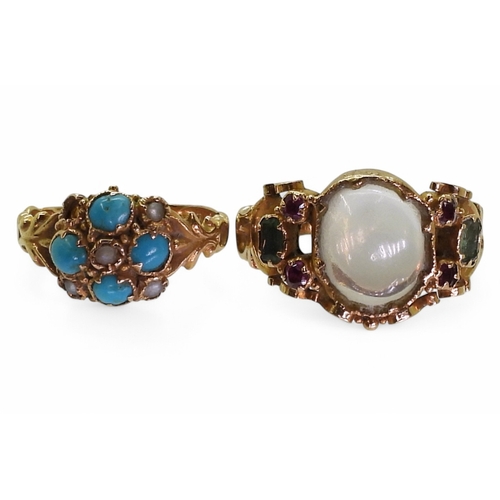 2792 - TWO VICTORIAN RINGSa 15ct gold turquoise and pearl ring, with partial Birmingham hallmarks (date let... 