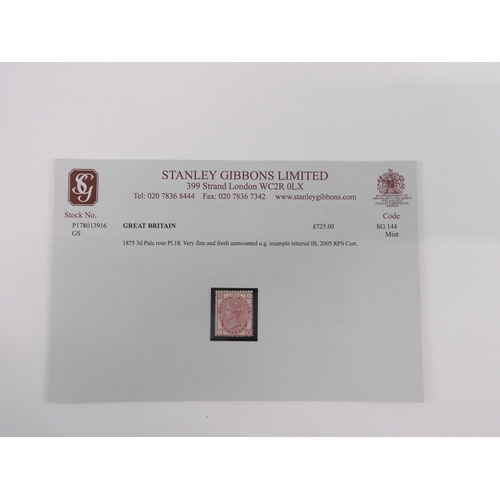 7004 - GREAT BRITAIN SG 144 Mint1875 3d pale rose PL. 18. Very fine and fresh unmounted original glue examp... 