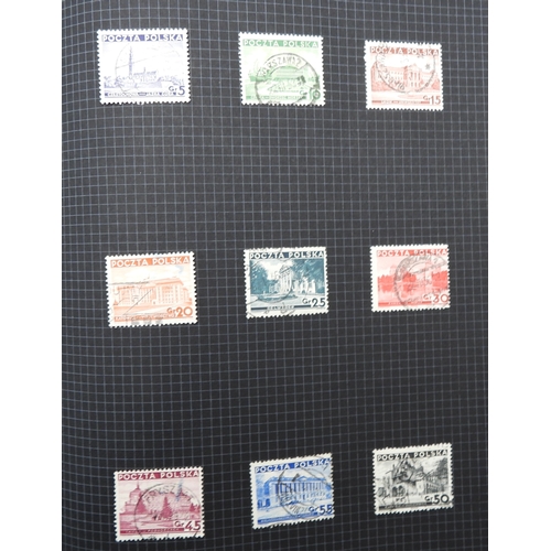 7043 - A collection of worldwide stamps in an album to include GB  1/d black four margin IC in corners used... 