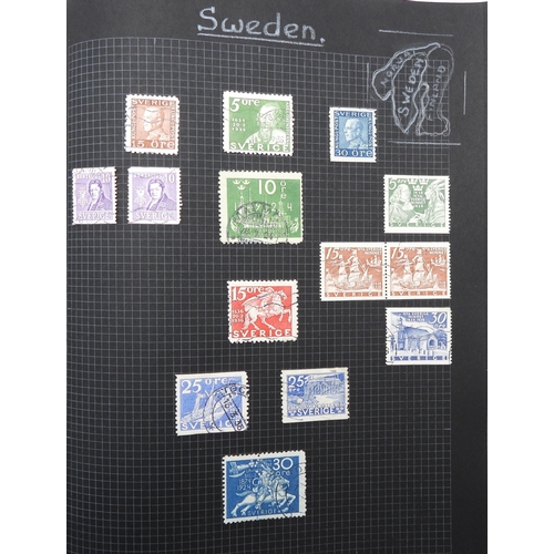 7043 - A collection of worldwide stamps in an album to include GB  1/d black four margin IC in corners used...