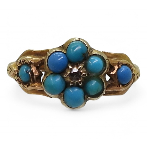 2795 - A FORGET-ME KNOT RINGmade in bright yellow metal set with turquoise and a rose cut diamond. Size M, ... 