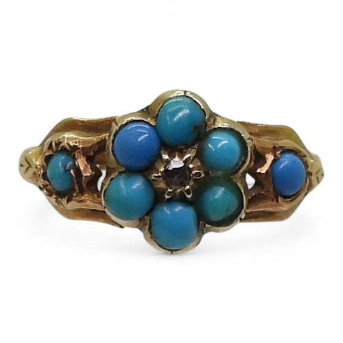 2795 - A FORGET-ME KNOT RINGmade in bright yellow metal set with turquoise and a rose cut diamond. Size M, ... 