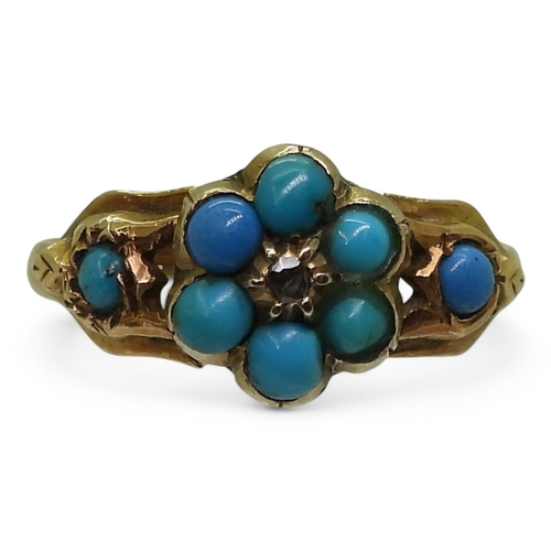 2795 - A FORGET-ME KNOT RINGmade in bright yellow metal set with turquoise and a rose cut diamond. Size M, ... 