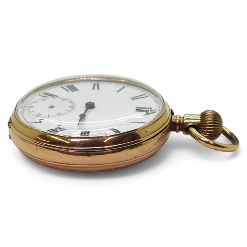 706 - A 14k gold pocket watch (af) inner dust cover metal. Diameter 4.5cm, weight 76.8gms