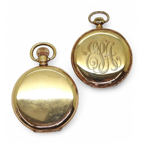 707 - A 14k gold Waltham open face pocket watch, with a decorative bezel of stylised fish, with monogram t... 