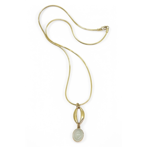 728 - A 41cm 9ct gold snake chain with a yellow metal moonstone pendant, weight together 8.6gms