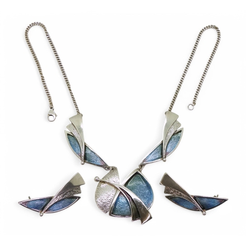 729 - A silver Pat Cheney statement necklace with blue purple and green enamel, with matching earrings, al... 