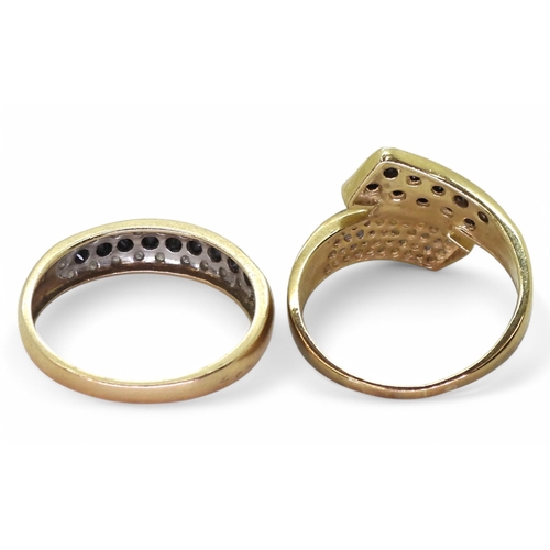 744 - Two 9ct gold black and white diamond rings, winged design, size O1/2, linear cluster size Q, weight ... 