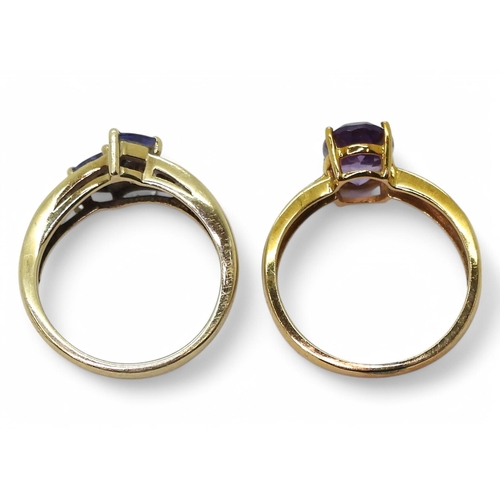 747 - A 9ct gold amethyst and diamond ring, size P1/2, and a trilliant cut blue gem and diamond accent rin... 