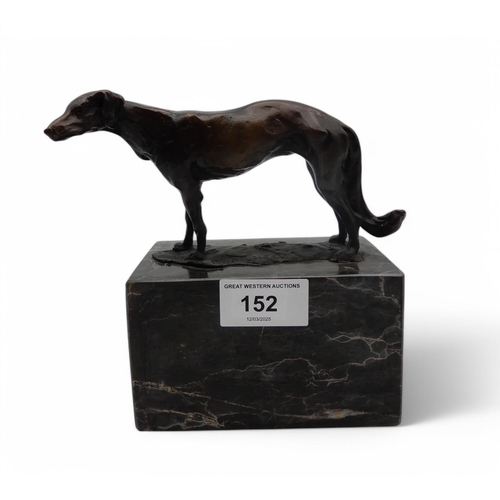 152 - After Pierre Félix Fix-Masseau a bronze of a Lurcher, mounted on a black veined marble b... 