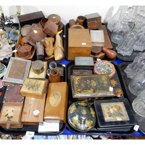 184 - Assorted wooden boxes, treen items, biscuit tins etc