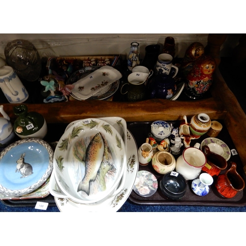 198 - Two Portmeirion Complete Angler dishes, Russian dolls, fairy figures etc