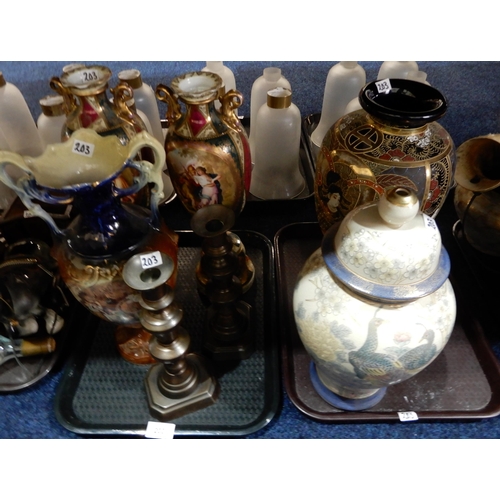 203 - A collection of brassware, a Satsuma vase, other vases etc