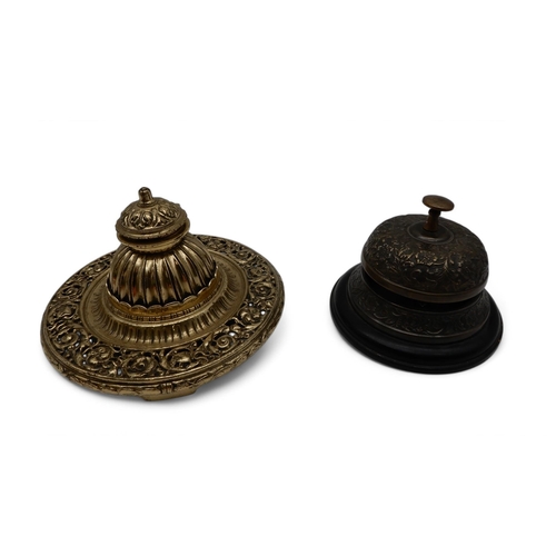 237 - A pressed metal counter bell together with a large brass inkwell