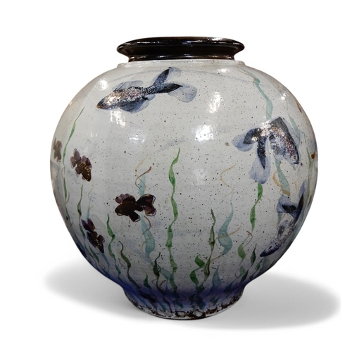 250 - A large Scottish contemporary studio pottery vase, decorated with fish, maker unknown, 55cm high x 1... 