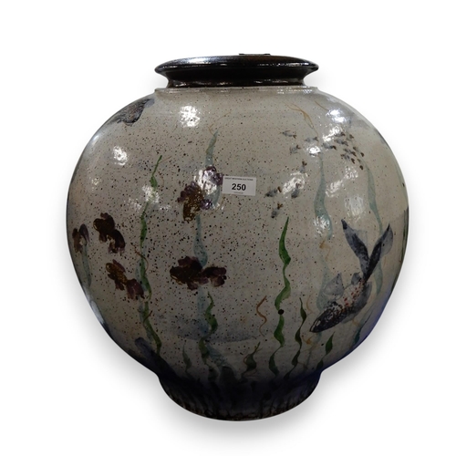 250 - A large Scottish contemporary studio pottery vase, decorated with fish, maker unknown, 55cm high x 1... 