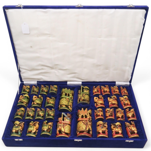 396 - Two cased large-scale Indian chess sets, with a burrwood Sorrento-made board measuring approx. 56cm ... 