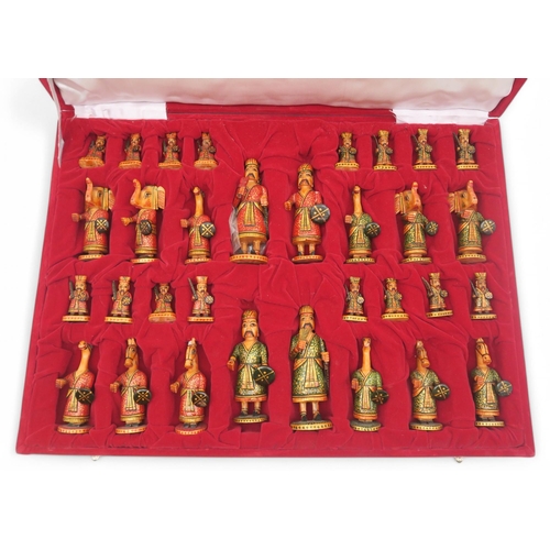 396 - Two cased large-scale Indian chess sets, with a burrwood Sorrento-made board measuring approx. 56cm ... 