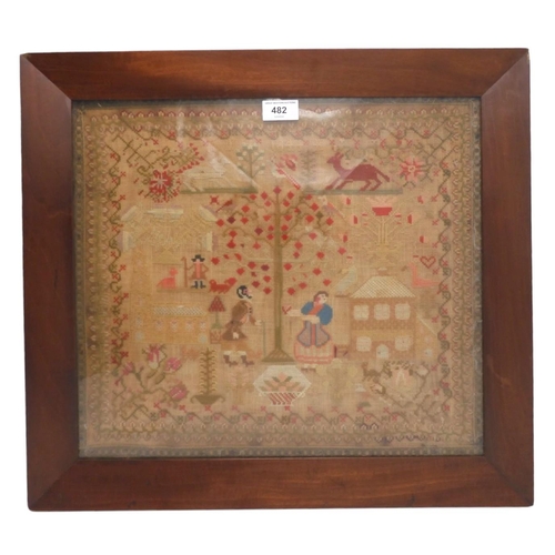 482 - An early-Victorian needlework sampler, dated 1844, depicting two figures beneath a tree, flanked by ... 